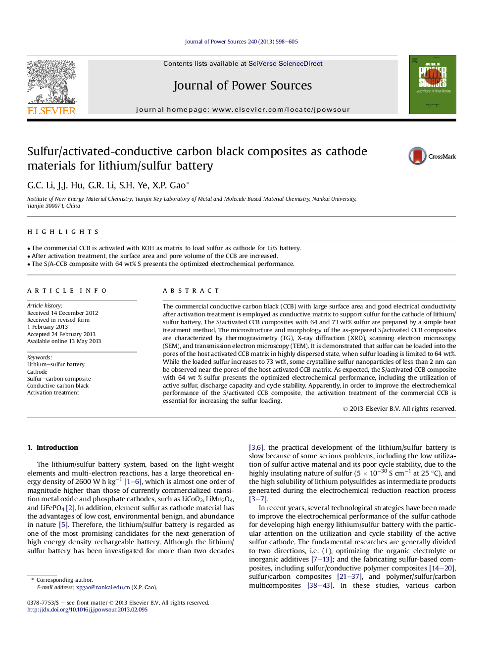 Sulfur/activated-conductive carbon black composites as cathode materials forÂ lithium/sulfur battery