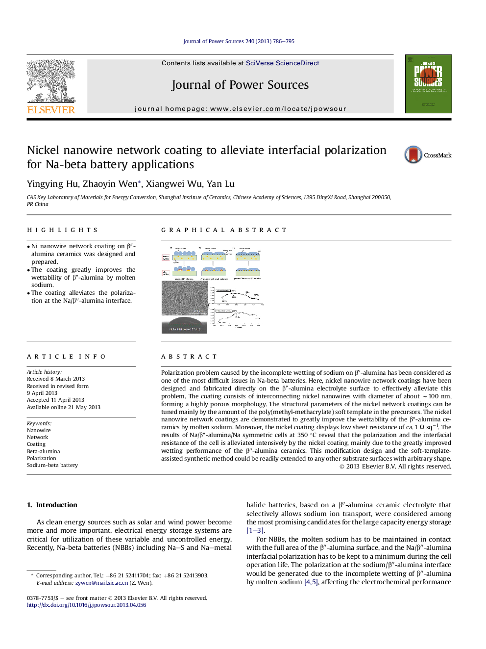 Nickel nanowire network coating to alleviate interfacial polarization for Na-beta battery applications