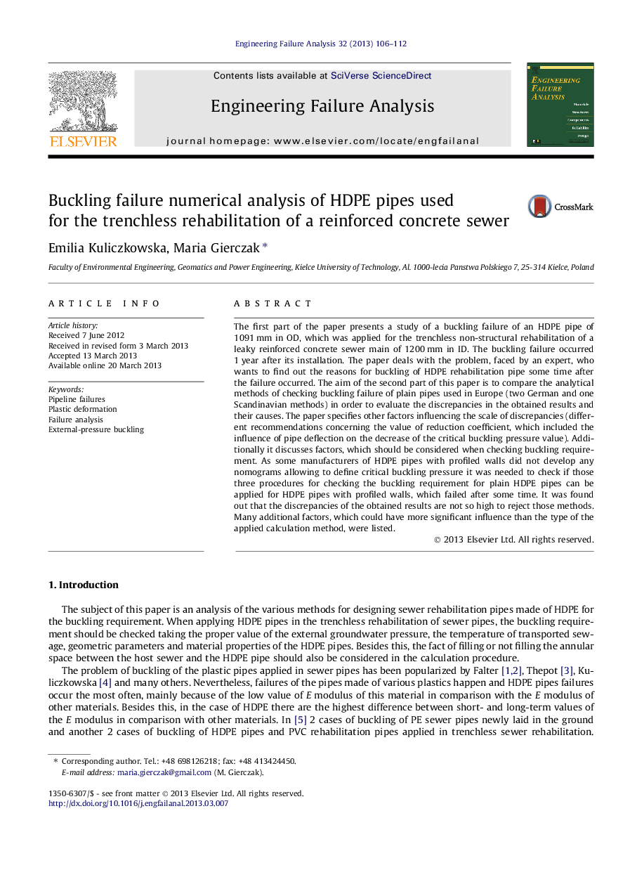 Buckling failure numerical analysis of HDPE pipes used for the trenchless rehabilitation of a reinforced concrete sewer