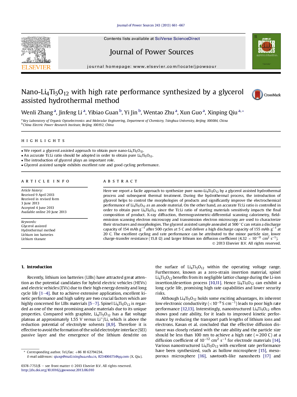 Nano-Li4Ti5O12 with high rate performance synthesized by a glycerol assisted hydrothermal method