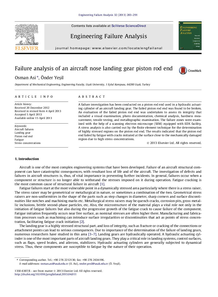 Failure analysis of an aircraft nose landing gear piston rod end