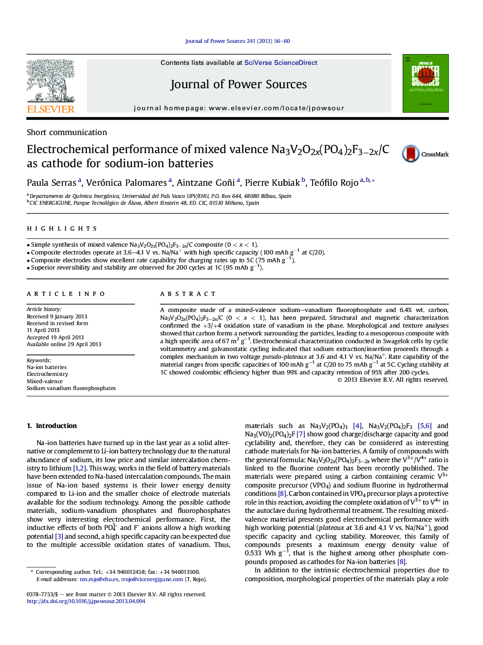 Electrochemical performance of mixed valence Na3V2O2x(PO4)2F3â2x/C as cathode for sodium-ion batteries