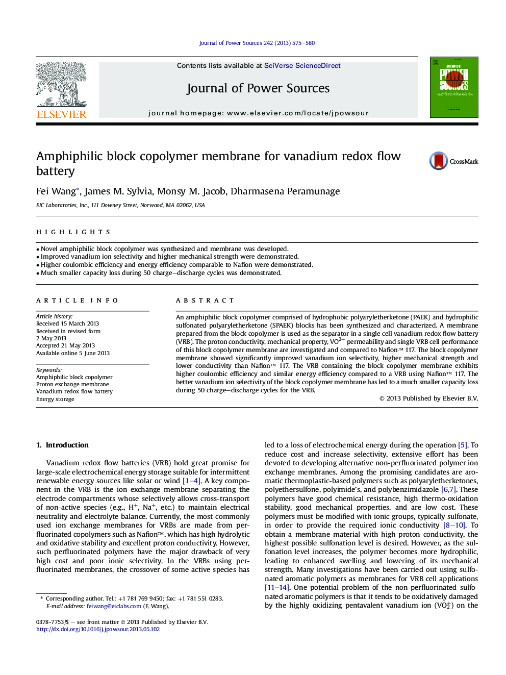 عکس صفحه اول مقاله: Amphiphilic block copolymer membrane for vanadium redox flow battery Amphiphilic block copolymer membrane for vanadium redox flow battery