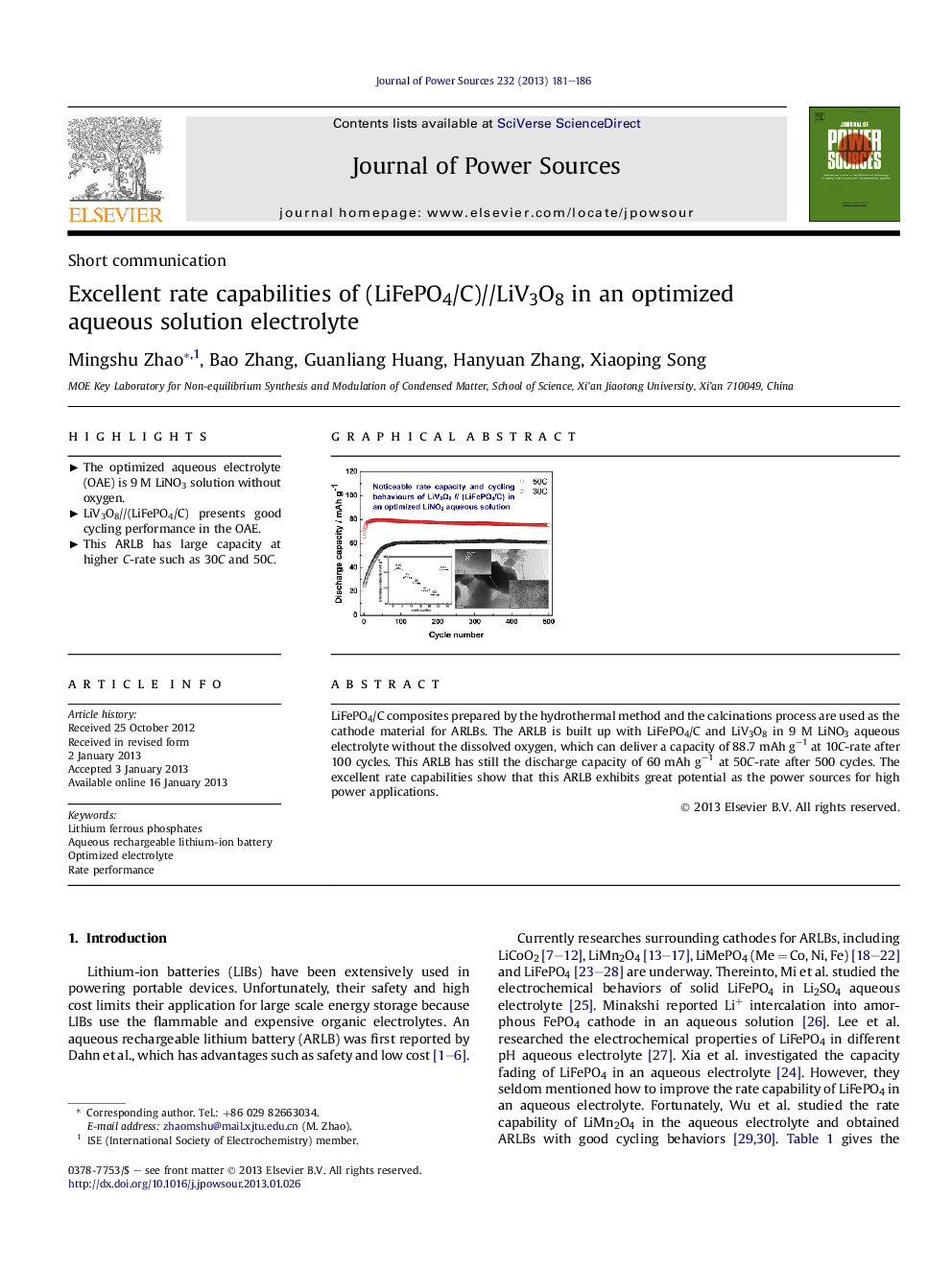 Excellent rate capabilities of (LiFePO4/C)//LiV3O8 in an optimized aqueous solution electrolyte