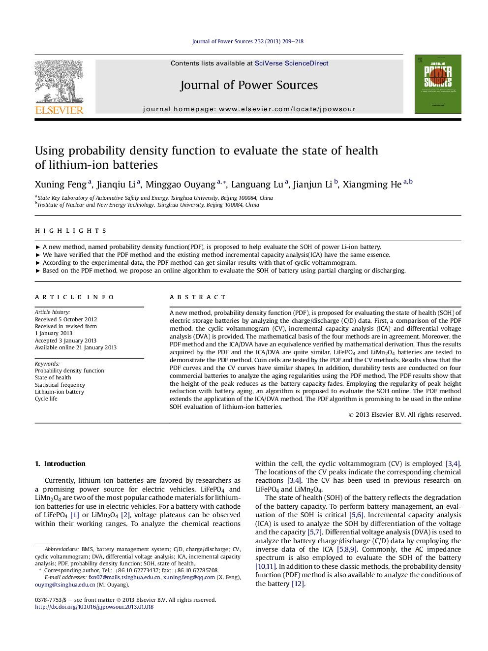 Using probability density function to evaluate the state of health ofÂ lithium-ion batteries