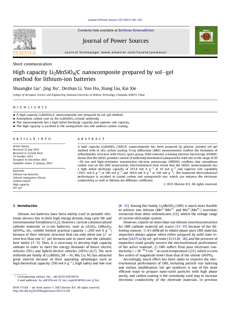 High capacity Li2MnSiO4/C nanocomposite prepared by sol-gel method for lithium-ion batteries