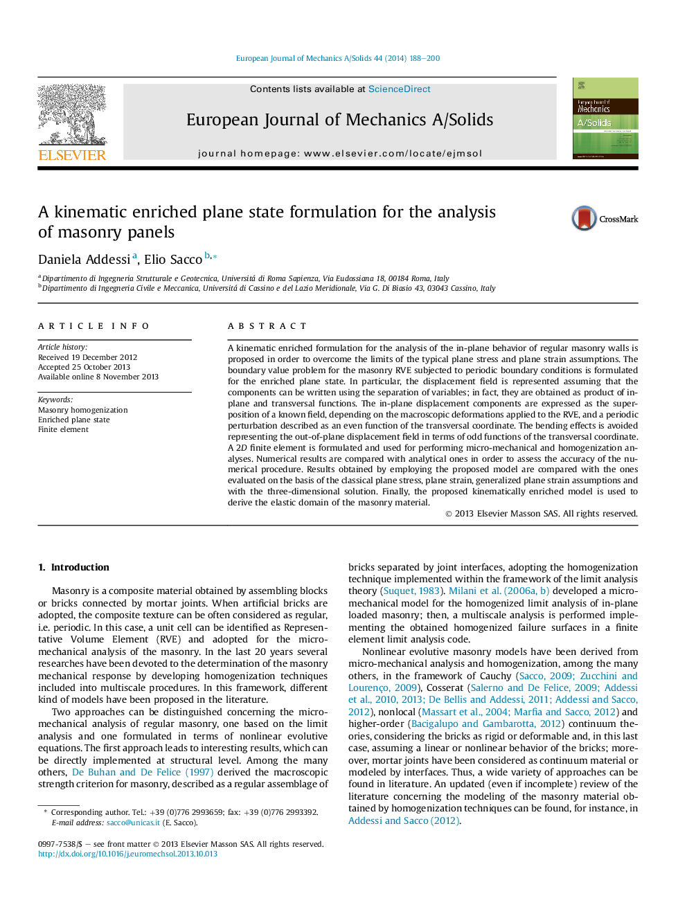 A kinematic enriched plane state formulation for the analysis of masonry panels