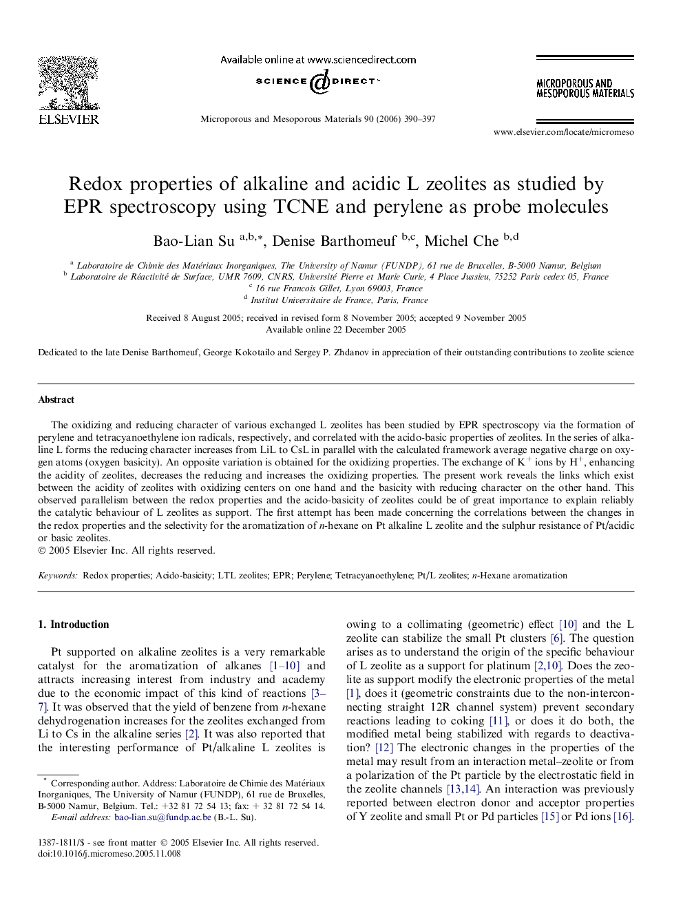 Redox properties of alkaline and acidic L zeolites as studied by EPR spectroscopy using TCNE and perylene as probe molecules