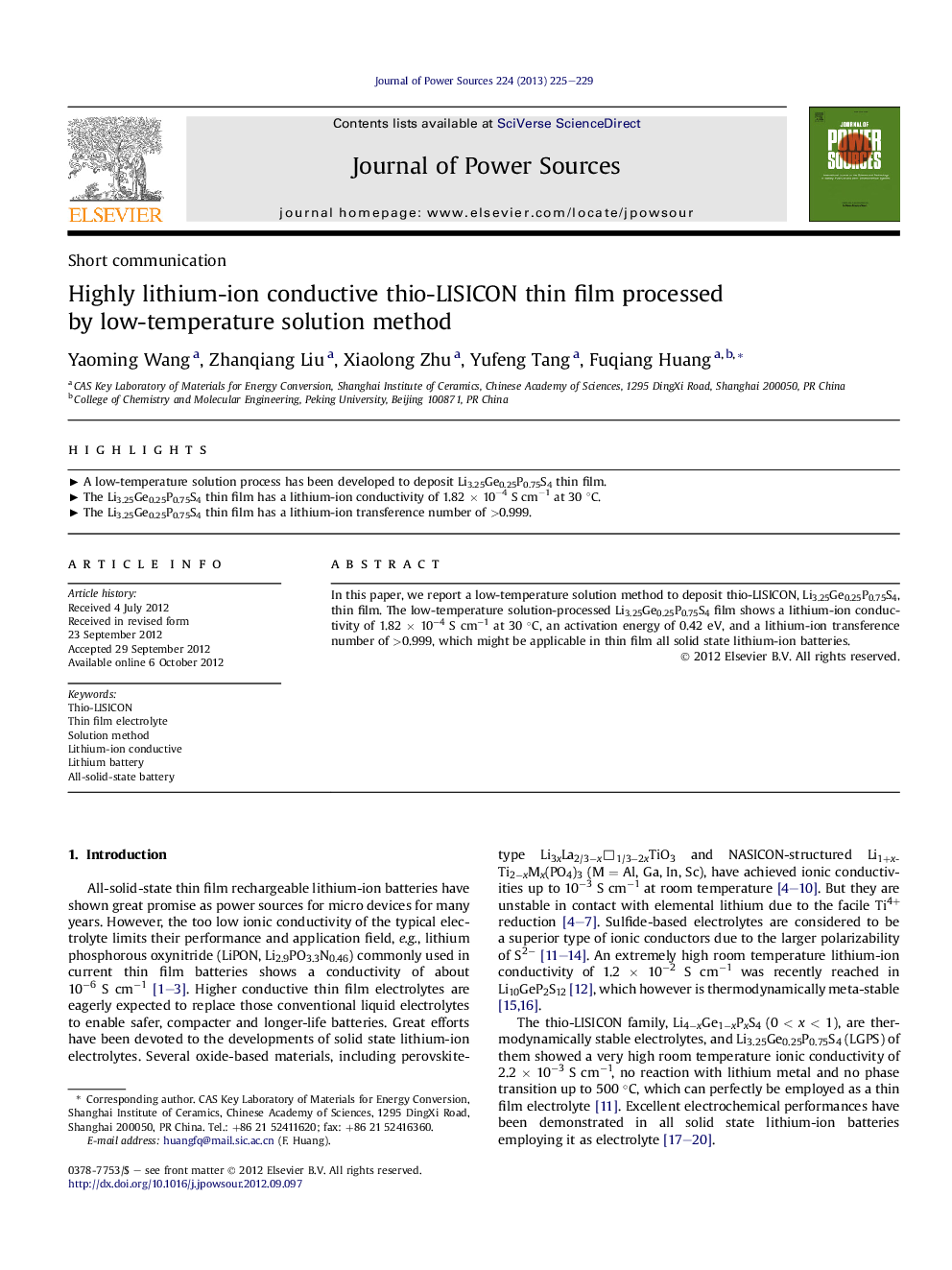 Highly lithium-ion conductive thio-LISICON thin film processed by low-temperature solution method