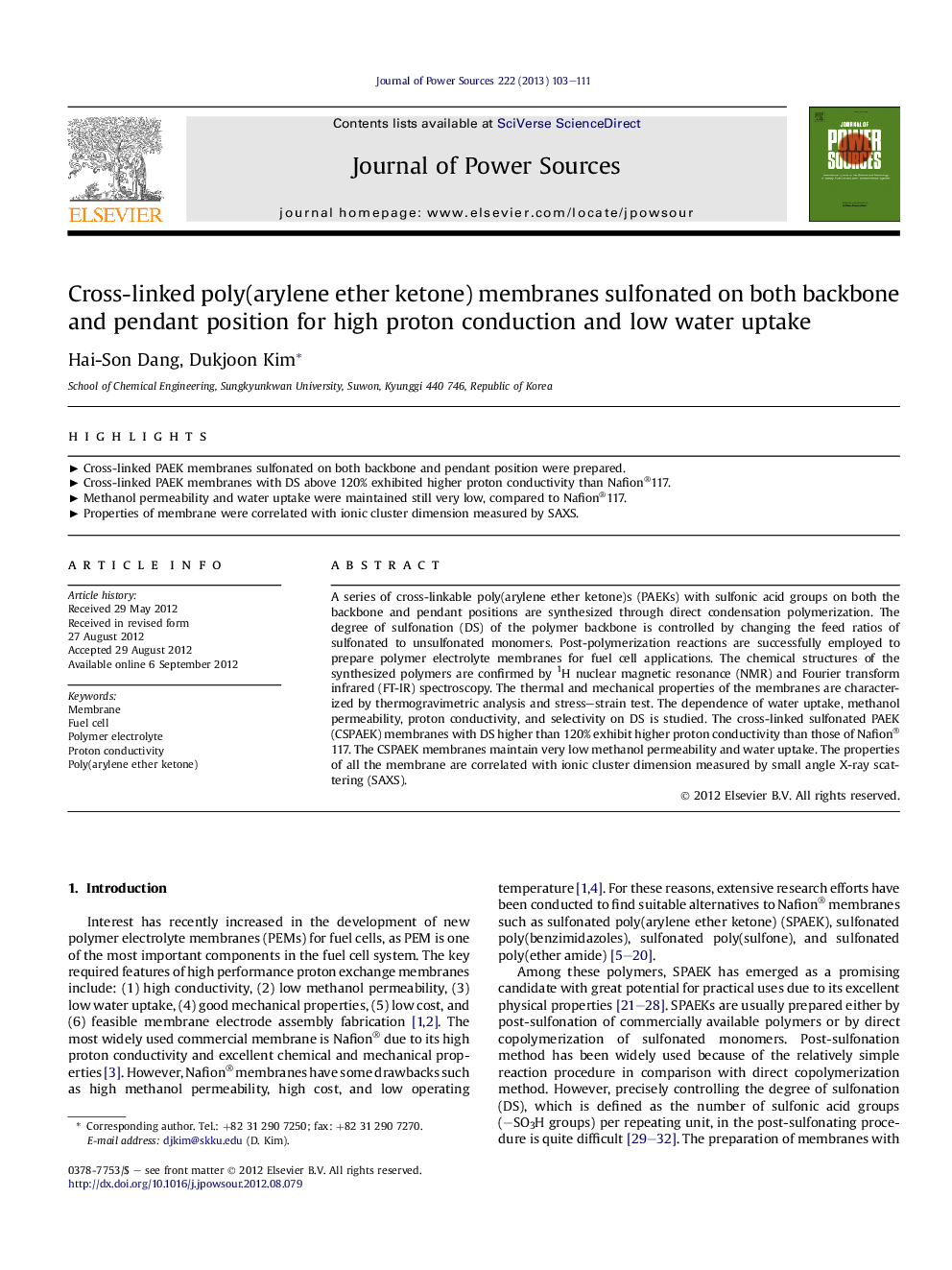 Cross-linked poly(arylene ether ketone) membranes sulfonated on both backbone and pendant position for high proton conduction and low water uptake