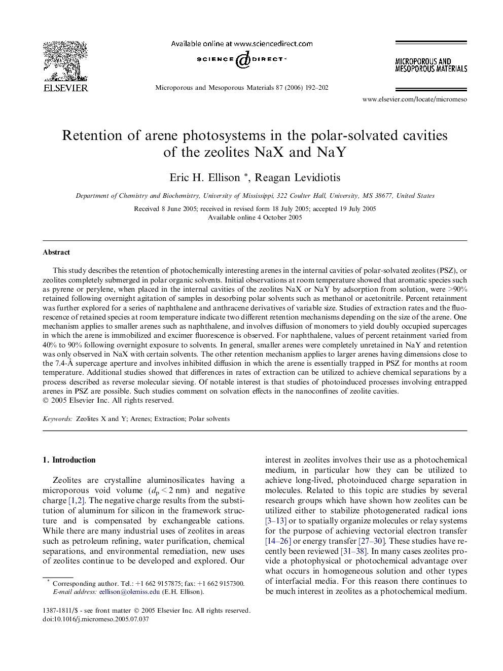 عکس صفحه اول مقاله: Retention of arene photosystems in the polar-solvated cavities of the zeolites NaX and NaY Retention of arene photosystems in the polar-solvated cavities of the zeolites NaX and NaY