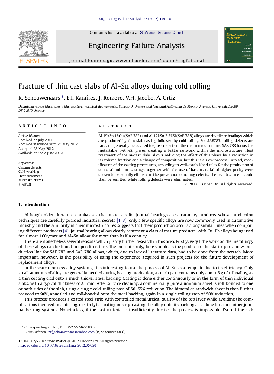 Fracture of thin cast slabs of Al-Sn alloys during cold rolling