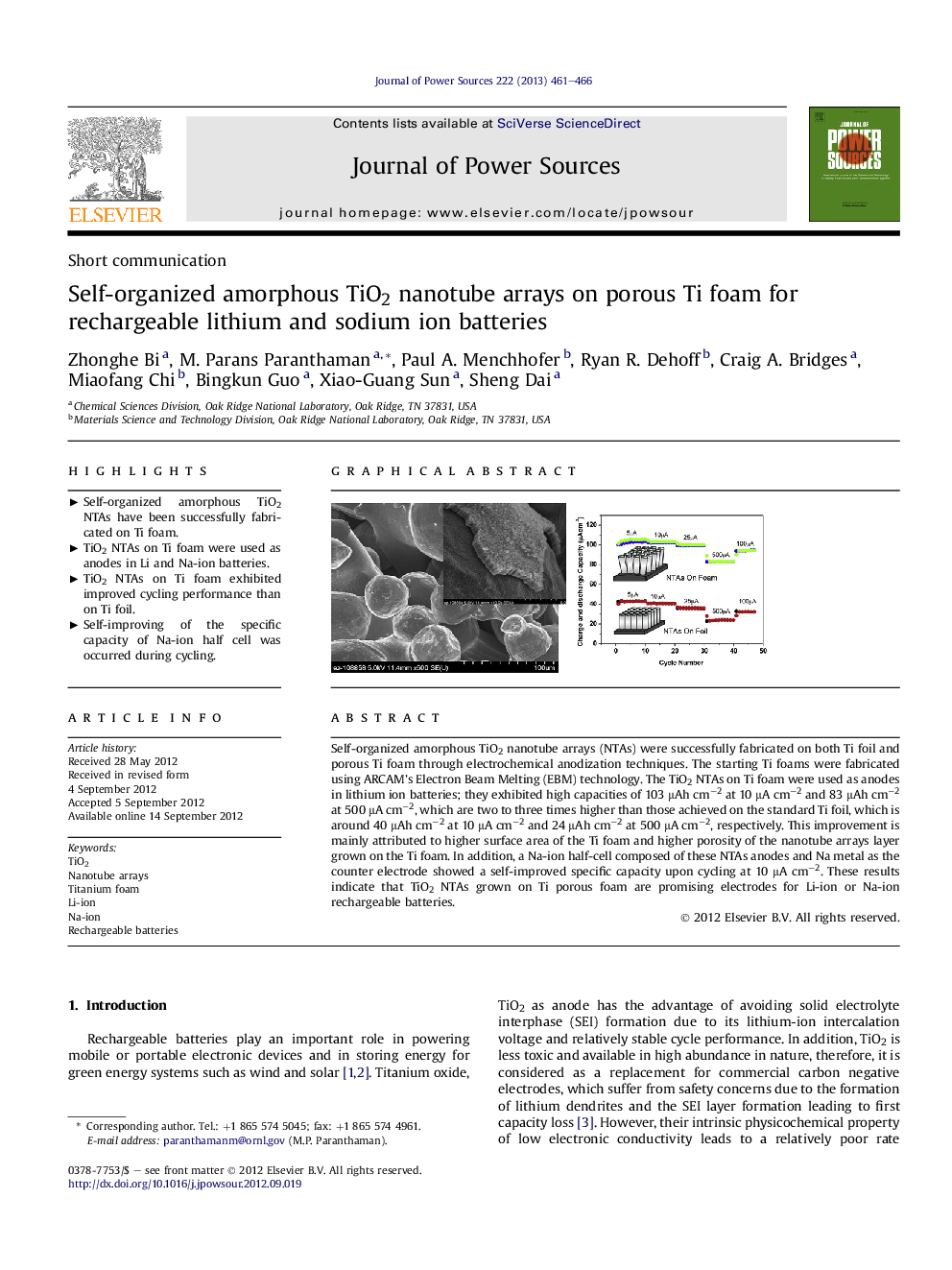 Self-organized amorphous TiO2 nanotube arrays on porous Ti foam for rechargeable lithium and sodium ion batteries