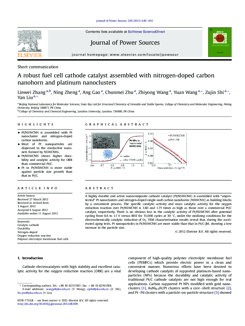 A robust fuel cell cathode catalyst assembled with nitrogen-doped carbon nanohorn and platinum nanoclusters