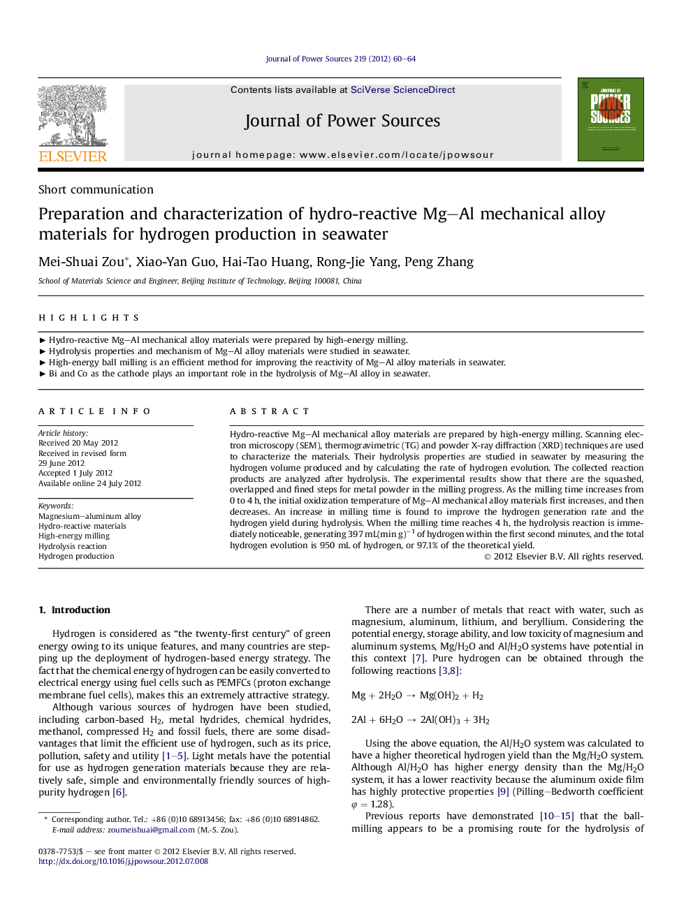 Preparation and characterization of hydro-reactive Mg-Al mechanical alloy materials for hydrogen production in seawater