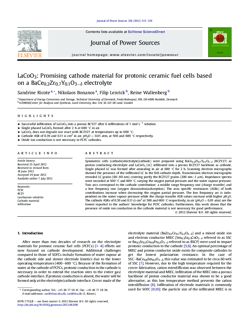 LaCoO3: Promising cathode material for protonic ceramic fuel cells based on a BaCe0.2Zr0.7Y0.1O3âÎ´ electrolyte