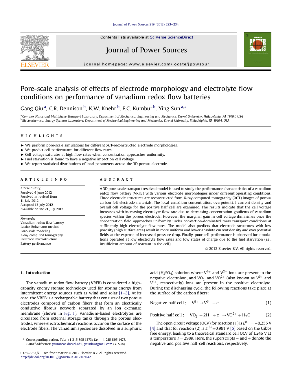 Pore-scale analysis of effects of electrode morphology and electrolyte flow conditions on performance of vanadium redox flow batteries