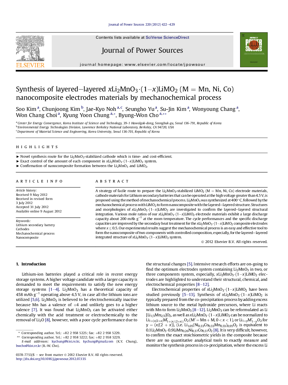 Synthesis of layered-layered xLi2MnO3Â·(1âx)LiMO2 (MÂ =Â Mn, Ni, Co) nanocomposite electrodes materials by mechanochemical process