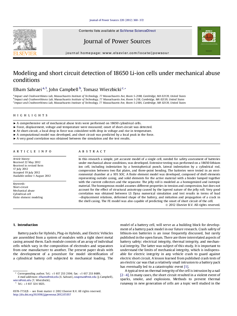 Modeling and short circuit detection of 18650 Li-ion cells under mechanical abuse conditions