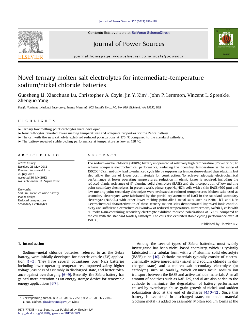 Novel ternary molten salt electrolytes for intermediate-temperature sodium/nickel chloride batteries