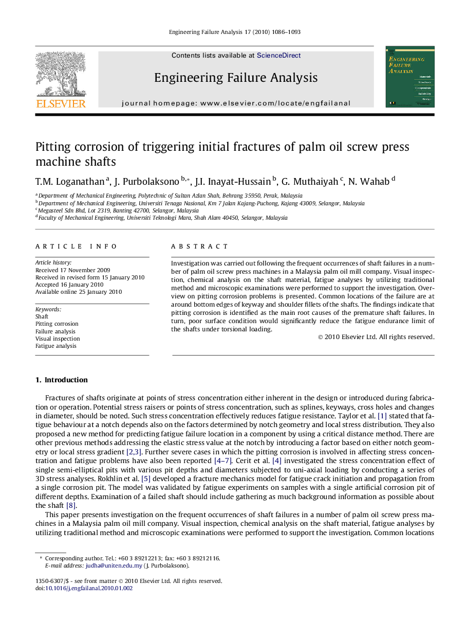 Pitting corrosion of triggering initial fractures of palm oil screw press machine shafts