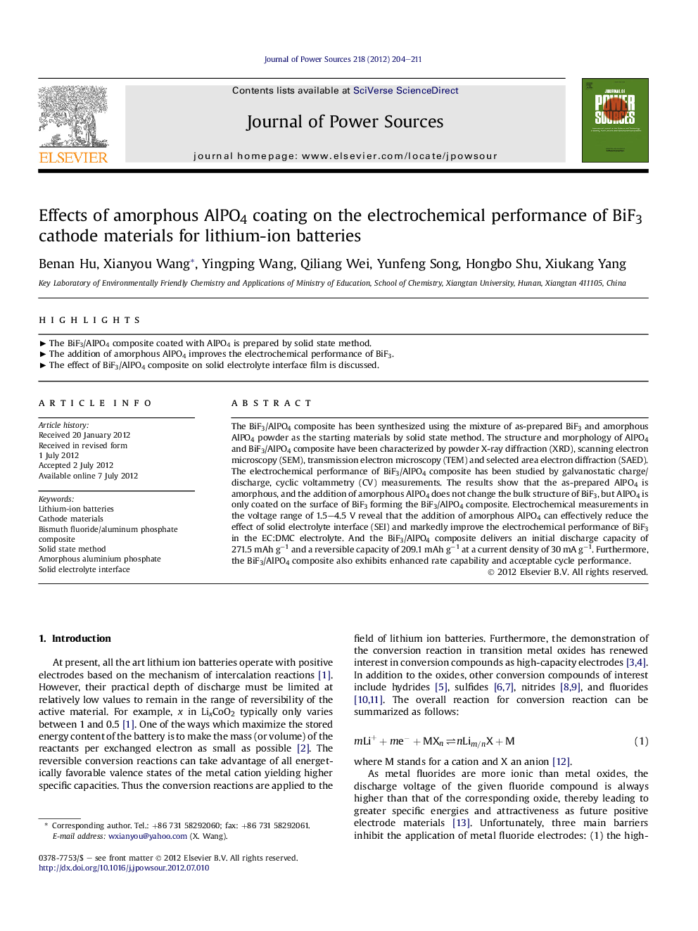 Effects of amorphous AlPO4 coating on the electrochemical performance of BiF3 cathode materials for lithium-ion batteries