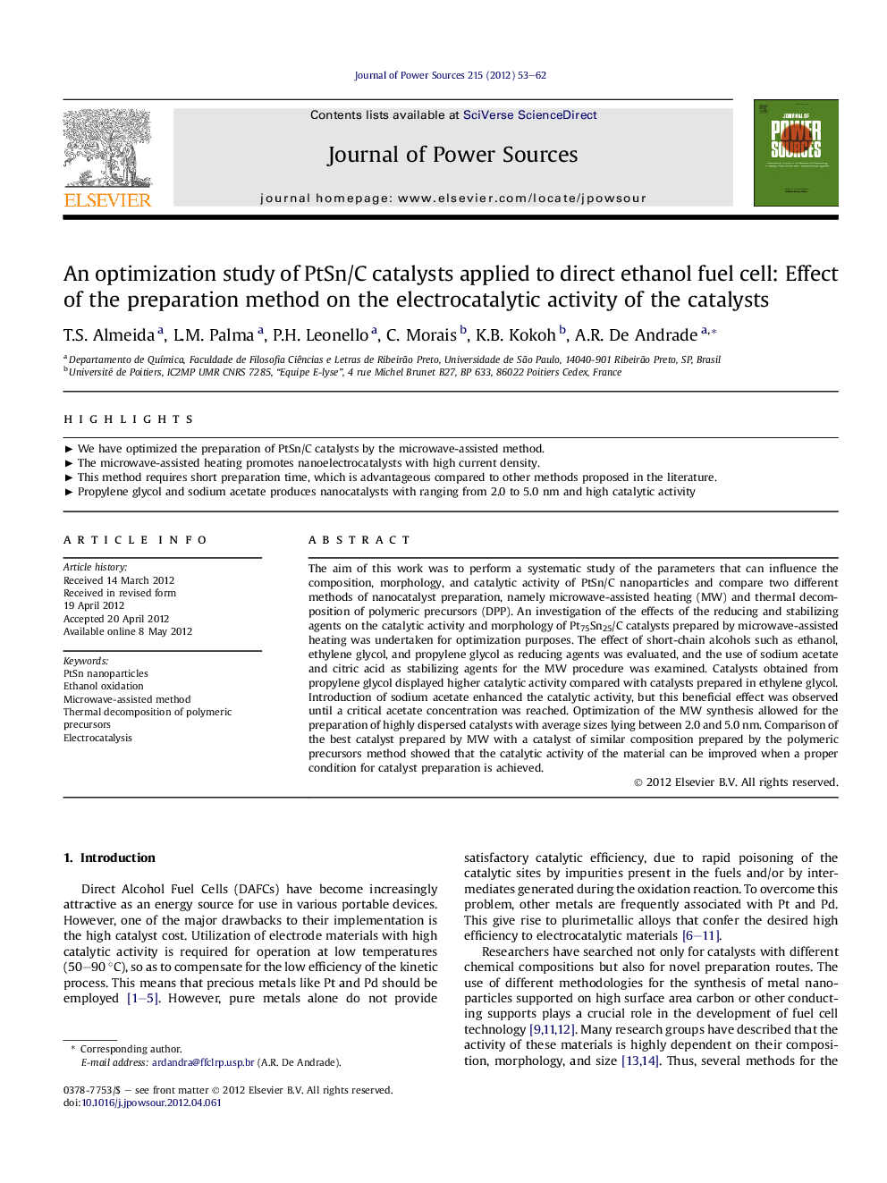 An optimization study of PtSn/C catalysts applied to direct ethanol fuel cell: Effect of the preparation method on the electrocatalytic activity of the catalysts