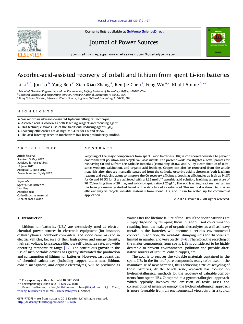 Ascorbic-acid-assisted recovery of cobalt and lithium from spent Li-ion batteries