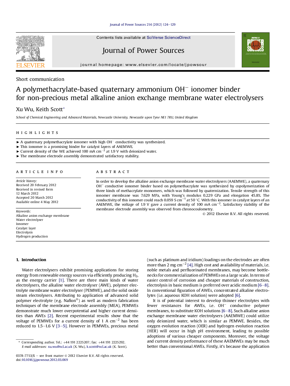 A polymethacrylate-based quaternary ammonium OHâ ionomer binder for non-precious metal alkaline anion exchange membrane water electrolysers