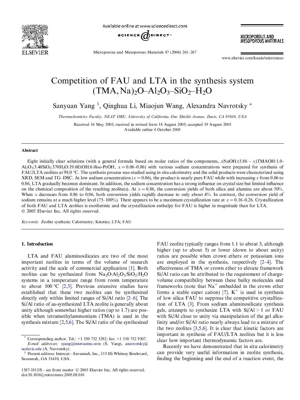 Competition of FAU and LTA in the synthesis system (TMA, Na)2O–Al2O3–SiO2–H2O