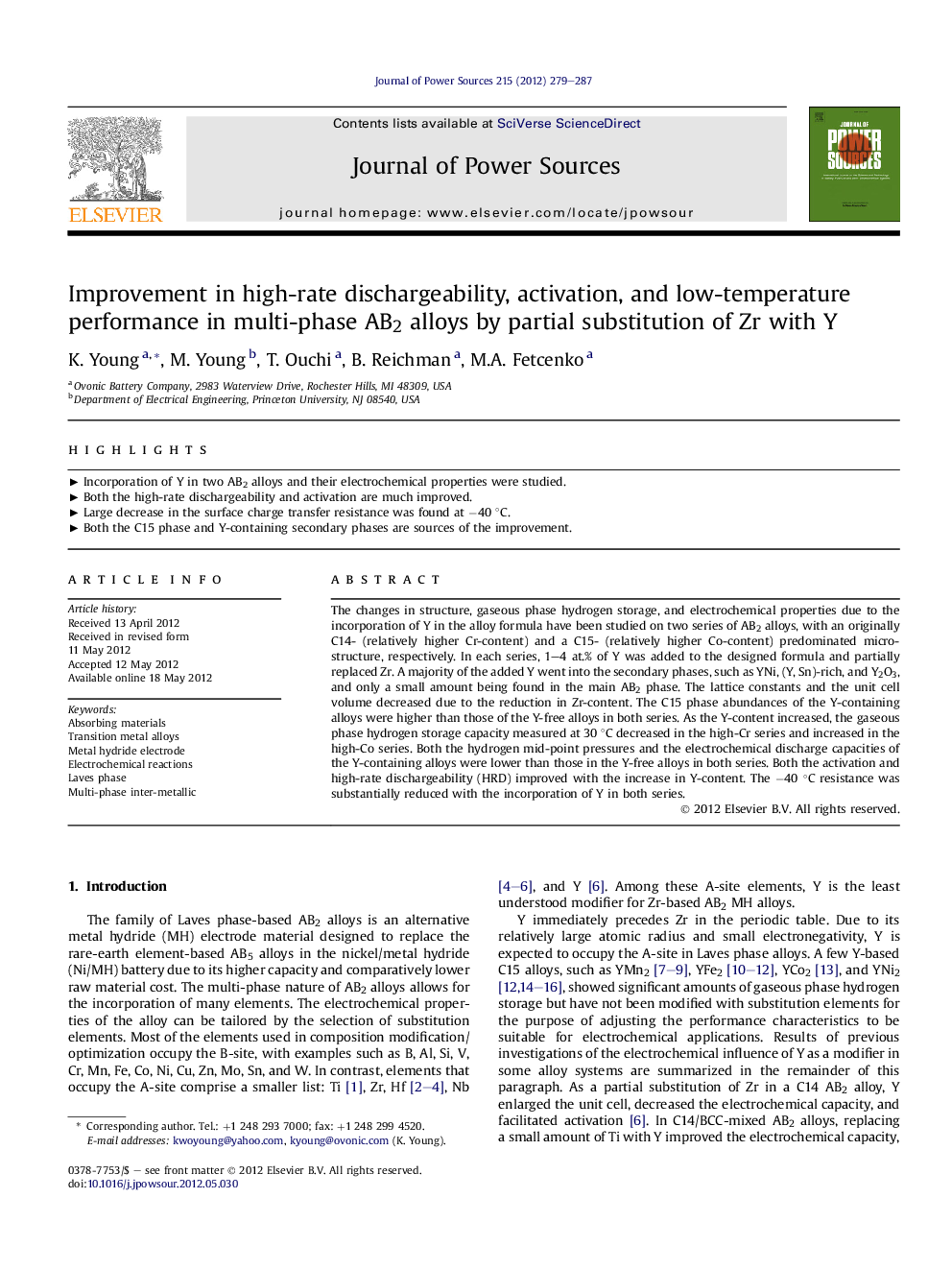 Improvement in high-rate dischargeability, activation, and low-temperature performance in multi-phase AB2 alloys by partial substitution of Zr with Y