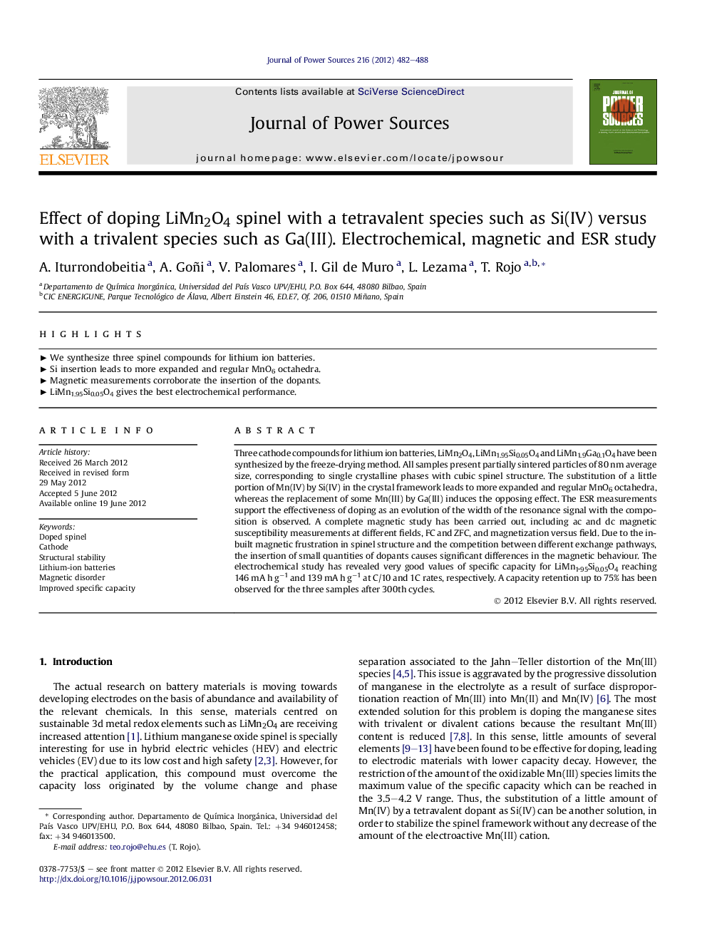 Effect of doping LiMn2O4 spinel with a tetravalent species such as Si(IV) versus with a trivalent species such as Ga(III). Electrochemical, magnetic and ESR study