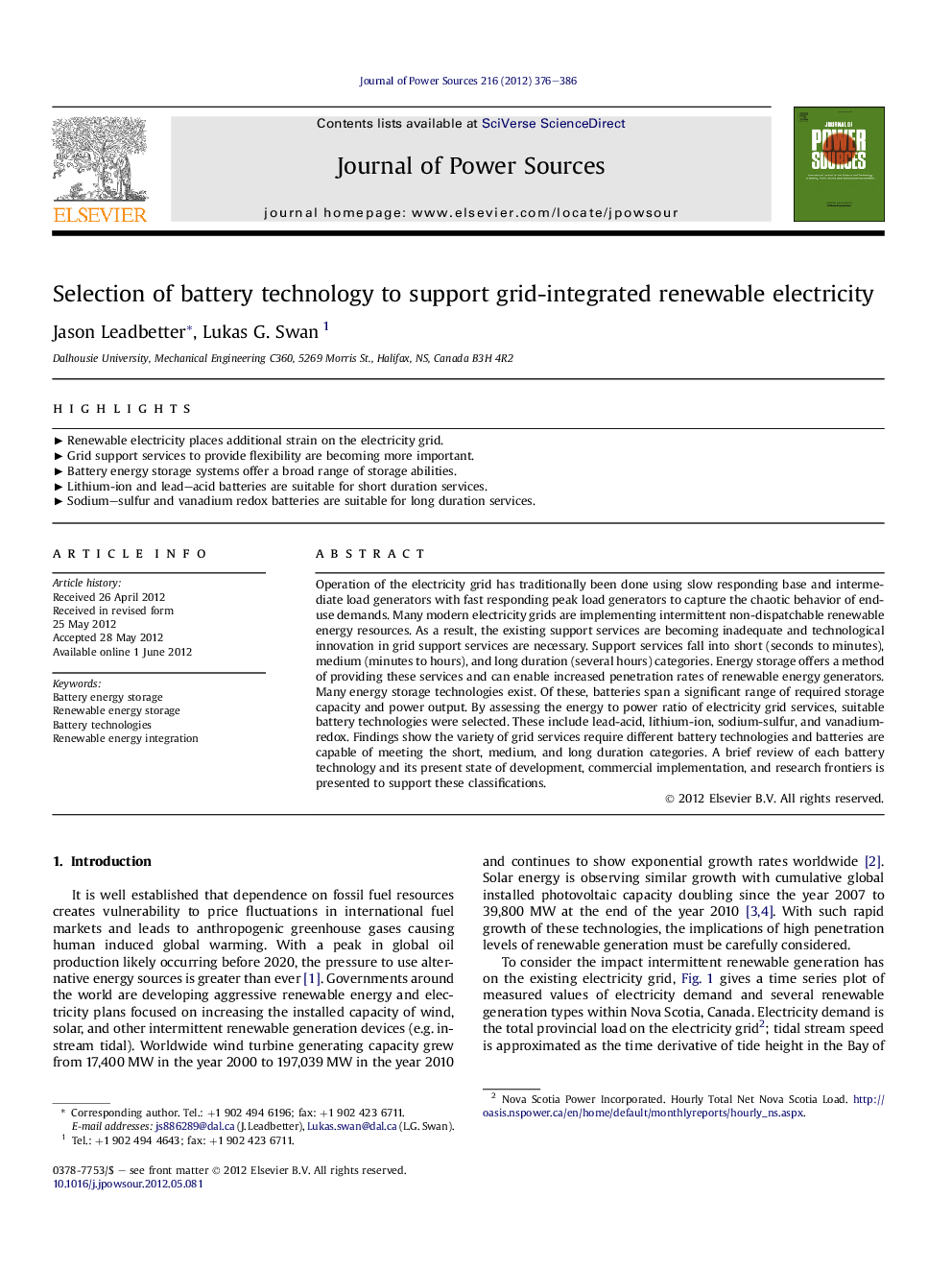 Selection of battery technology to support grid-integrated renewable electricity