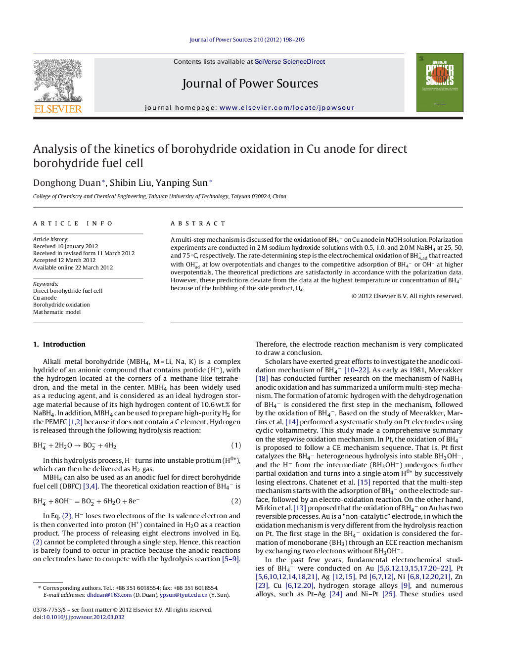 Analysis of the kinetics of borohydride oxidation in Cu anode for direct borohydride fuel cell