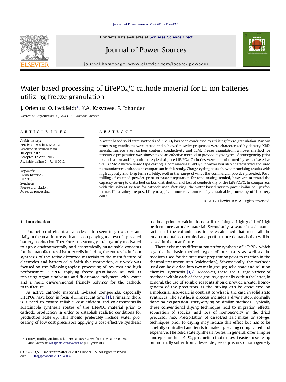 Water based processing of LiFePO4/C cathode material for Li-ion batteries utilizing freeze granulation