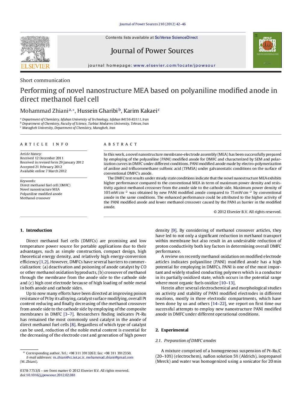 Performing of novel nanostructure MEA based on polyaniline modified anode in direct methanol fuel cell