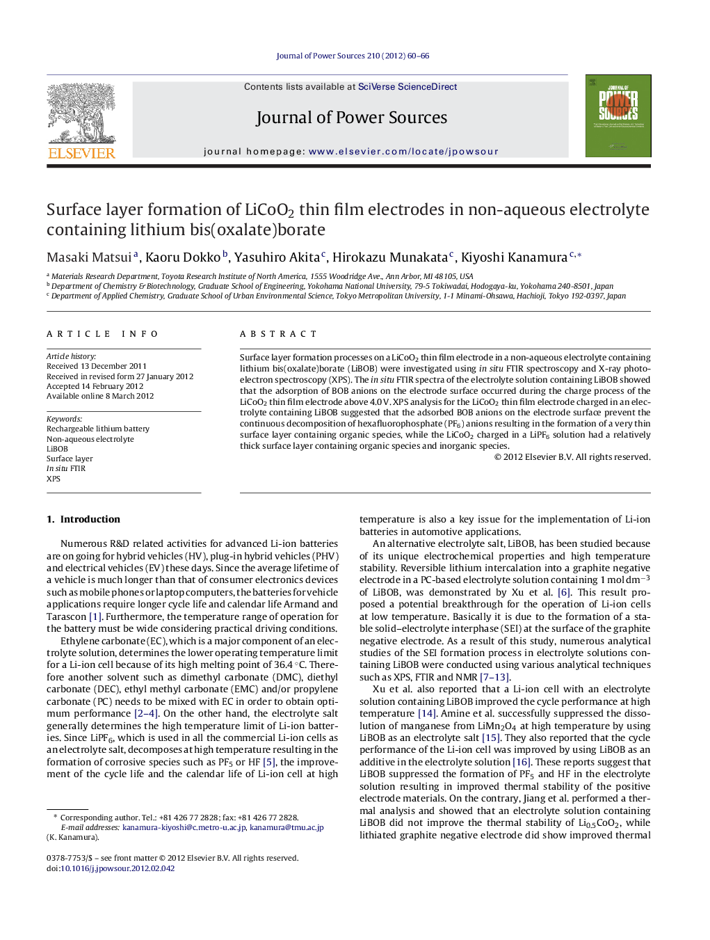 Surface layer formation of LiCoO2 thin film electrodes in non-aqueous electrolyte containing lithium bis(oxalate)borate