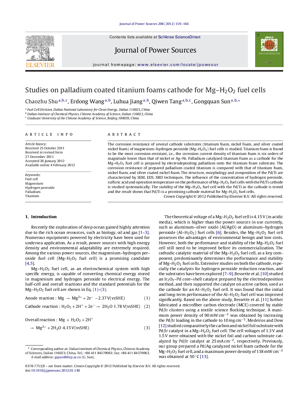 عکس صفحه اول مقاله: Studies on palladium coated titanium foams cathode for Mg-H2O2 fuel cells Studies on palladium coated titanium foams cathode for Mg-H2O2 fuel cells