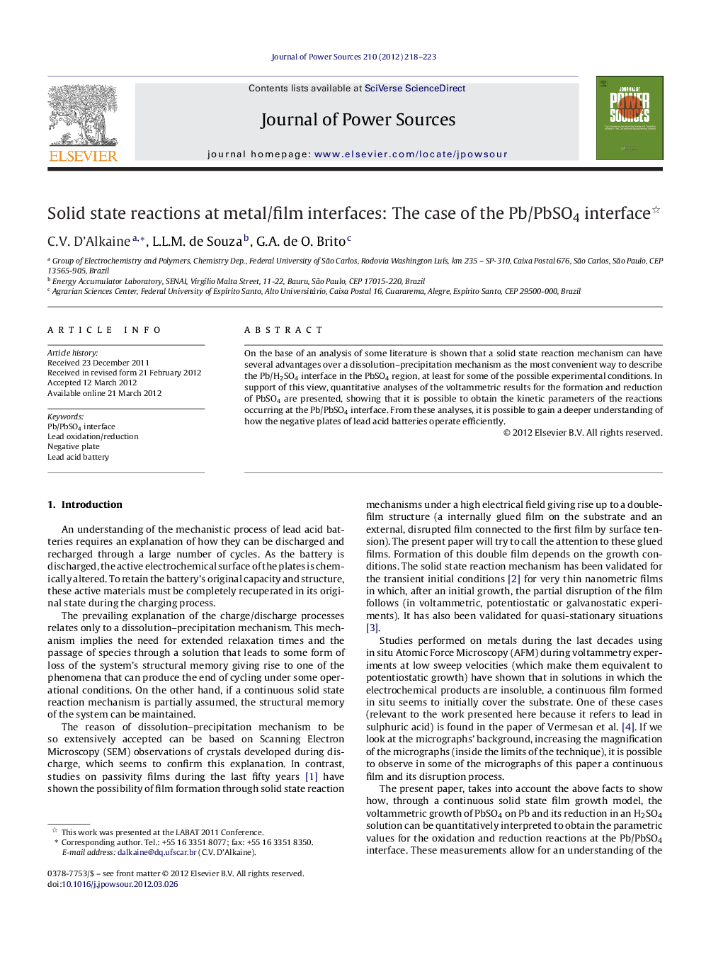 Solid state reactions at metal/film interfaces: The case of the Pb/PbSO4 interface