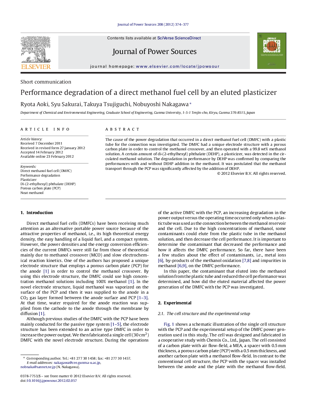 Performance degradation of a direct methanol fuel cell by an eluted plasticizer