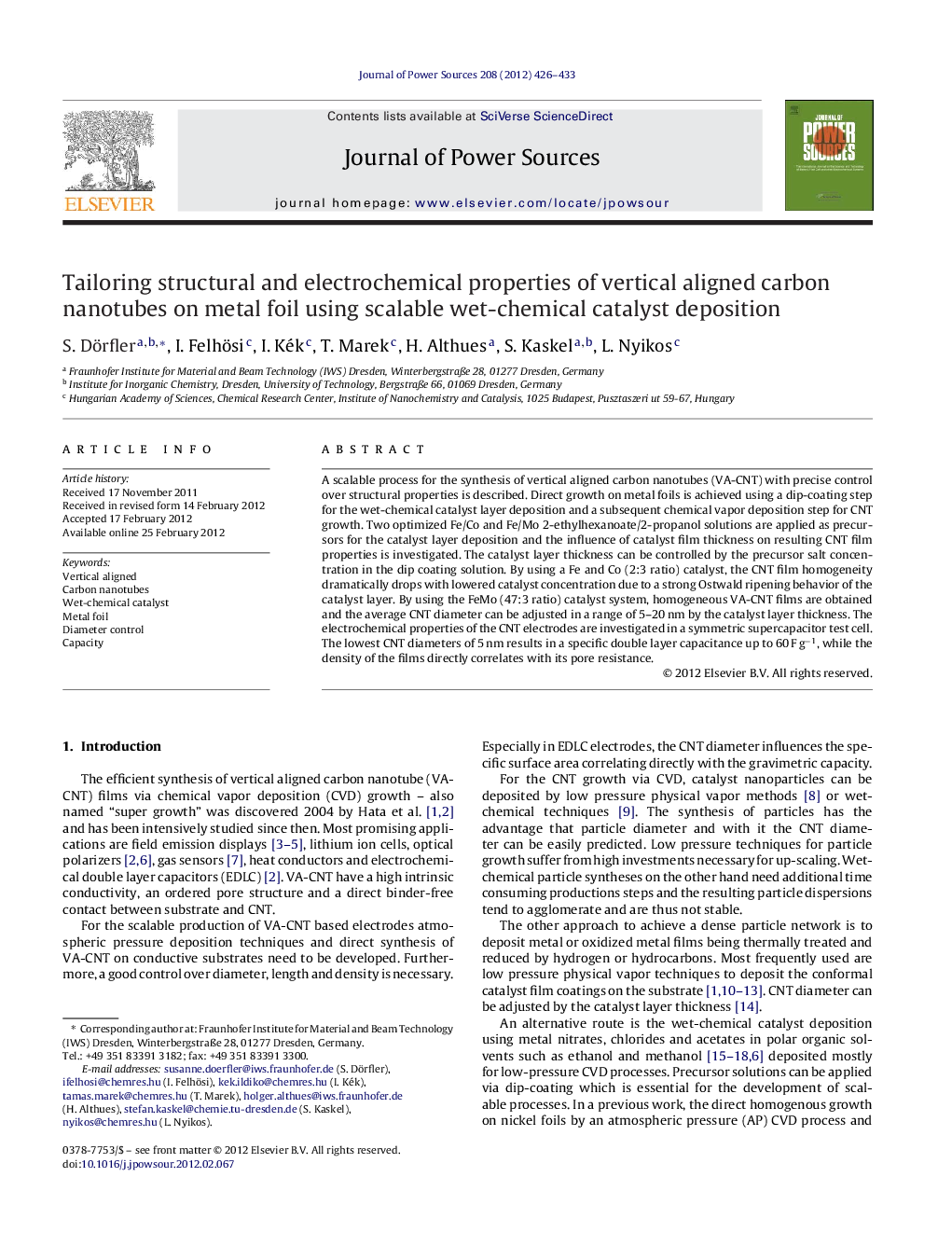 Tailoring structural and electrochemical properties of vertical aligned carbon nanotubes on metal foil using scalable wet-chemical catalyst deposition