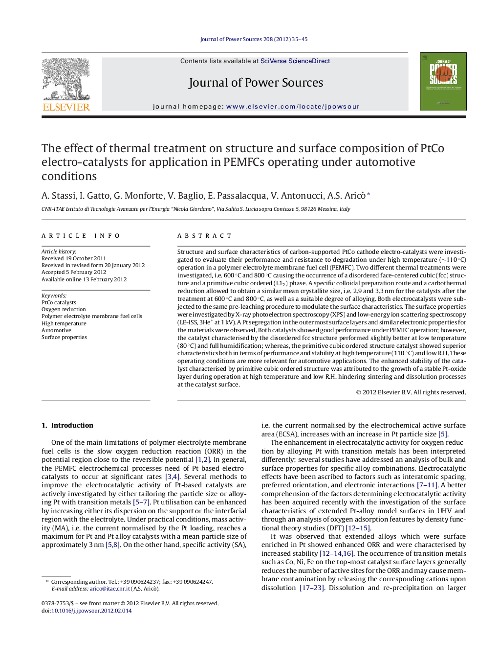 The effect of thermal treatment on structure and surface composition of PtCo electro-catalysts for application in PEMFCs operating under automotive conditions