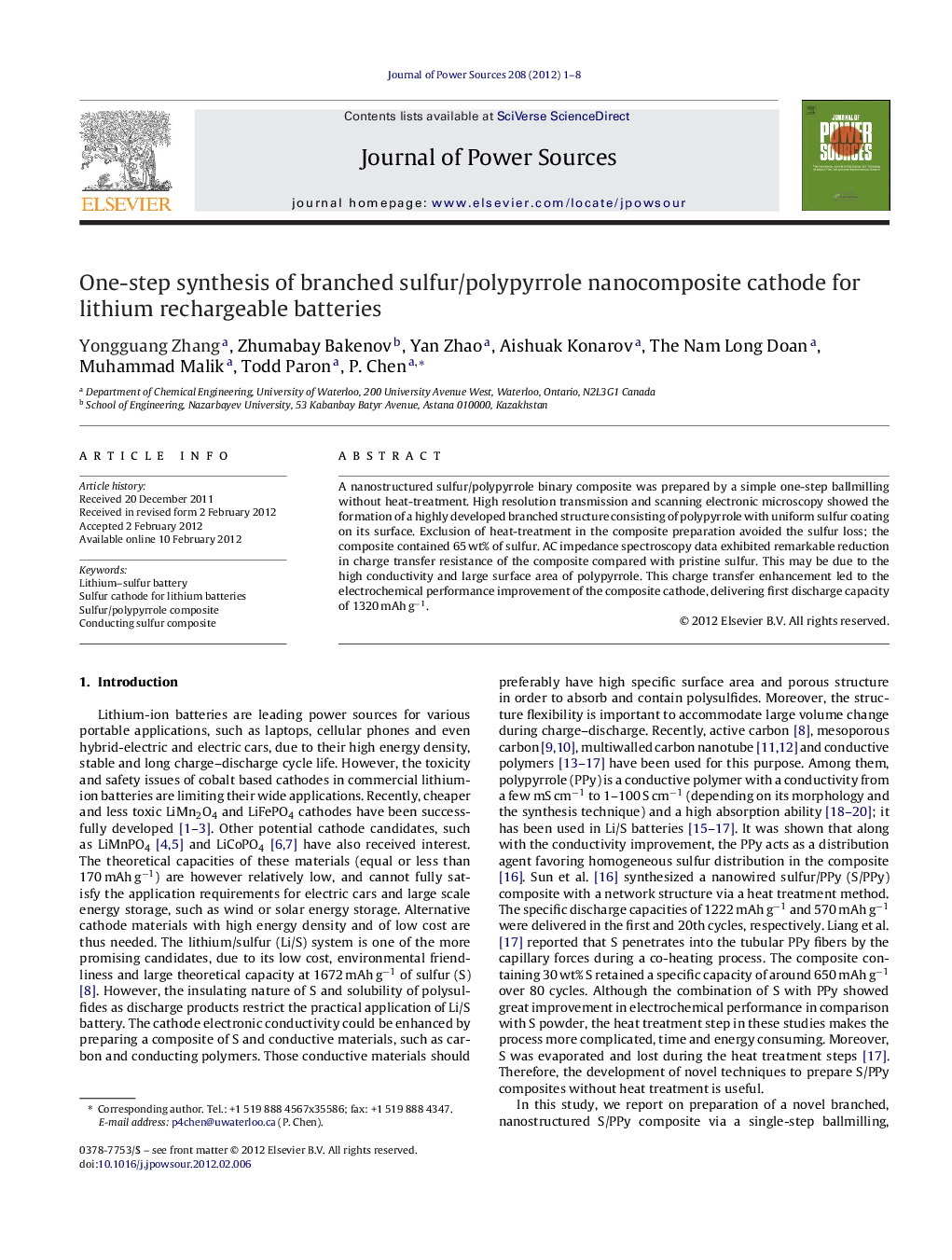 عکس صفحه اول مقاله: One-step synthesis of branched sulfur/polypyrrole nanocomposite cathode for lithium rechargeable batteries One-step synthesis of branched sulfur/polypyrrole nanocomposite cathode for lithium rechargeable batteries