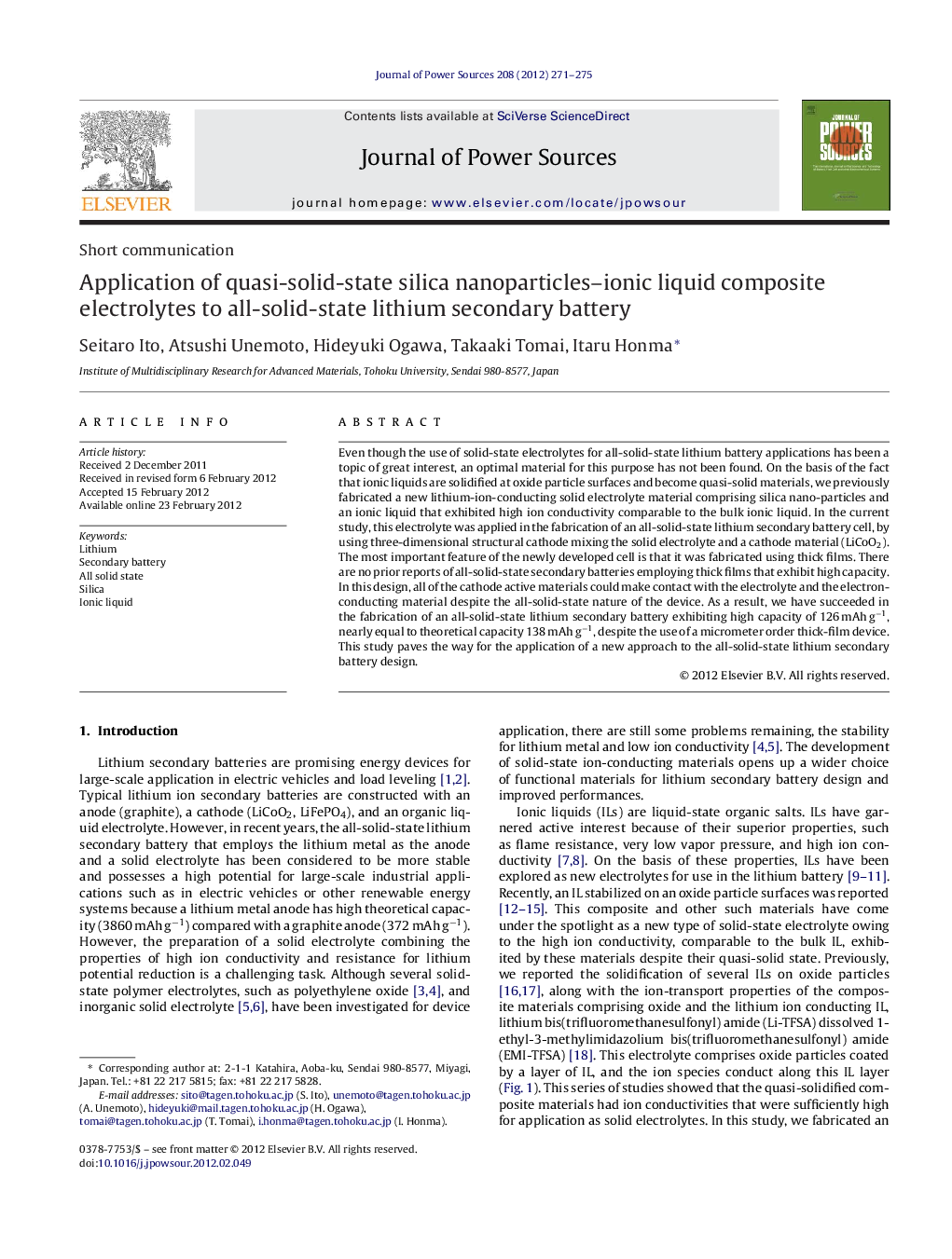 عکس صفحه اول مقاله: Application of quasi-solid-state silica nanoparticles-ionic liquid composite electrolytes to all-solid-state lithium secondary battery Application of quasi-solid-state silica nanoparticles-ionic liquid composite electrolytes to all-solid-state lithium secondary battery