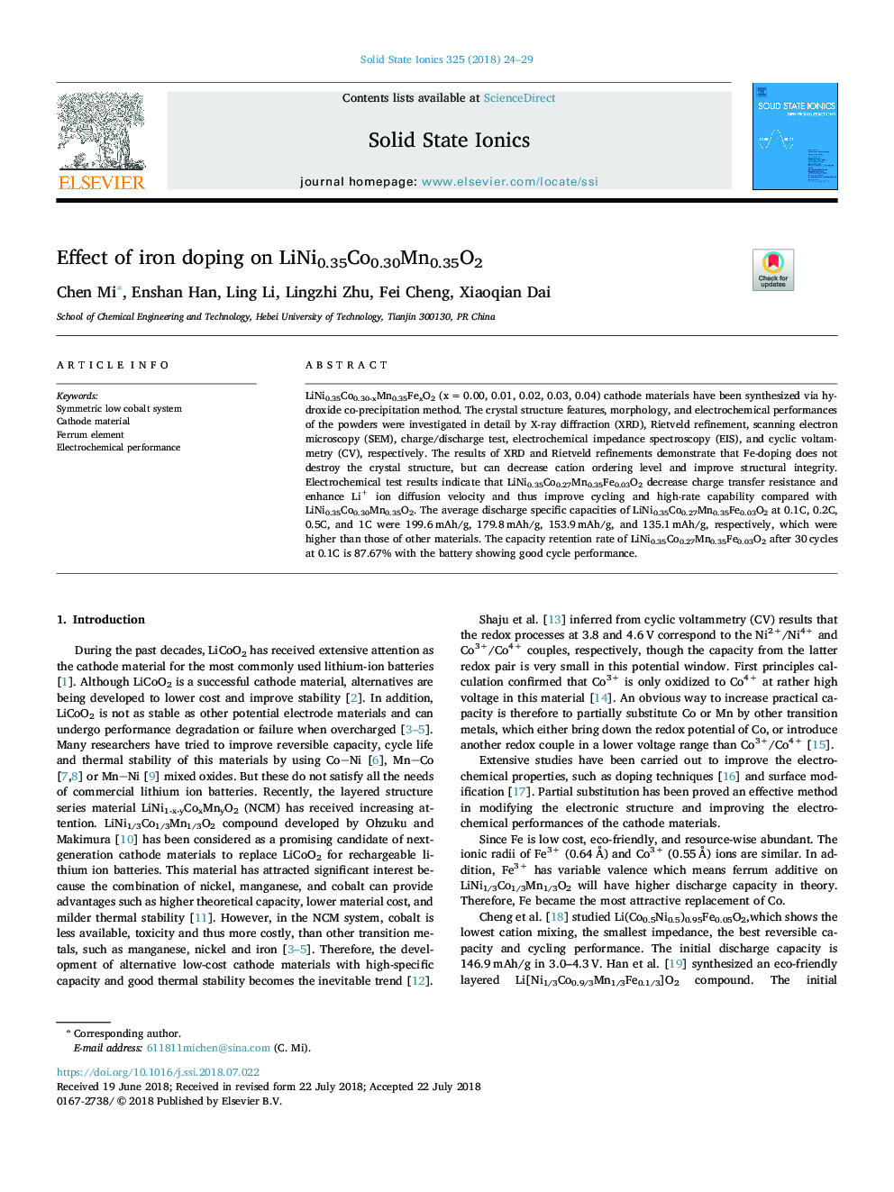 Effect of iron doping on LiNi0.35Co0.30Mn0.35O2