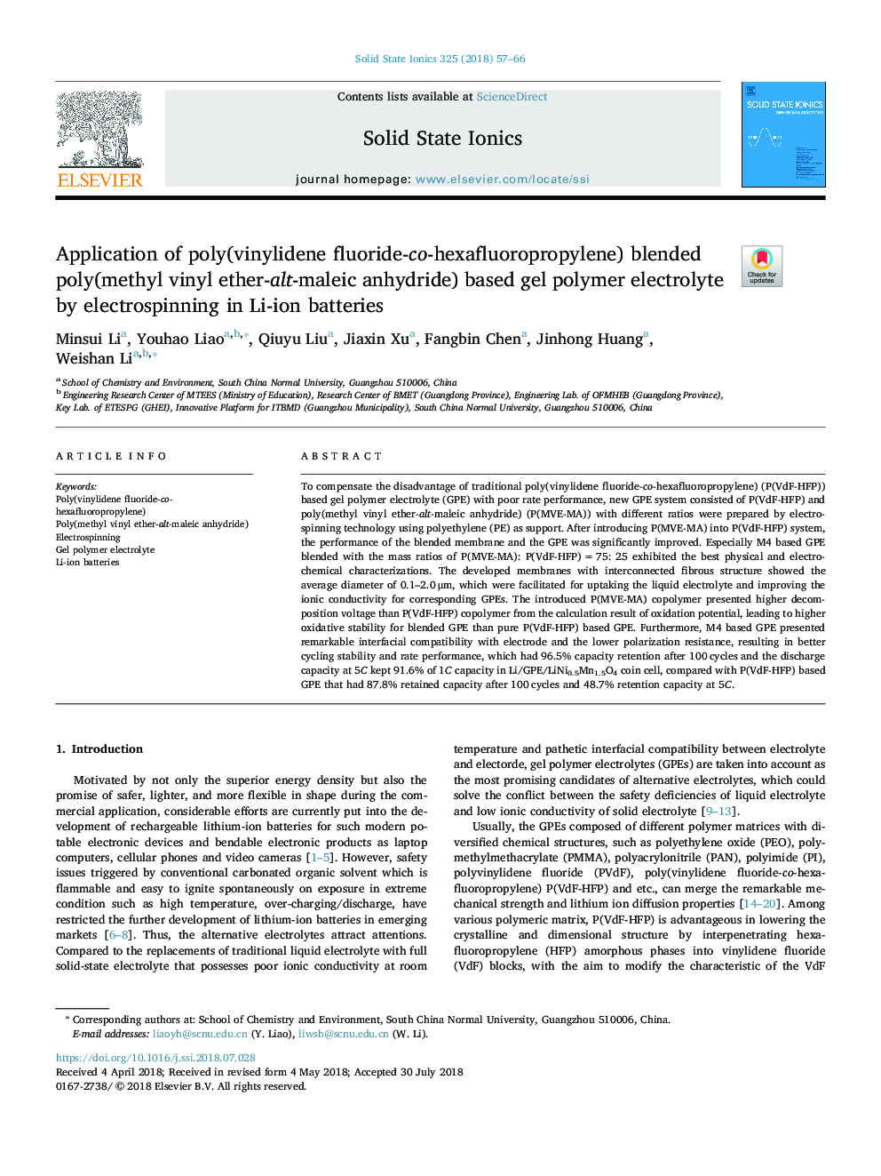 Application of poly(vinylidene fluoride-co-hexafluoropropylene) blended poly(methyl vinyl ether-alt-maleic anhydride) based gel polymer electrolyte by electrospinning in Li-ion batteries