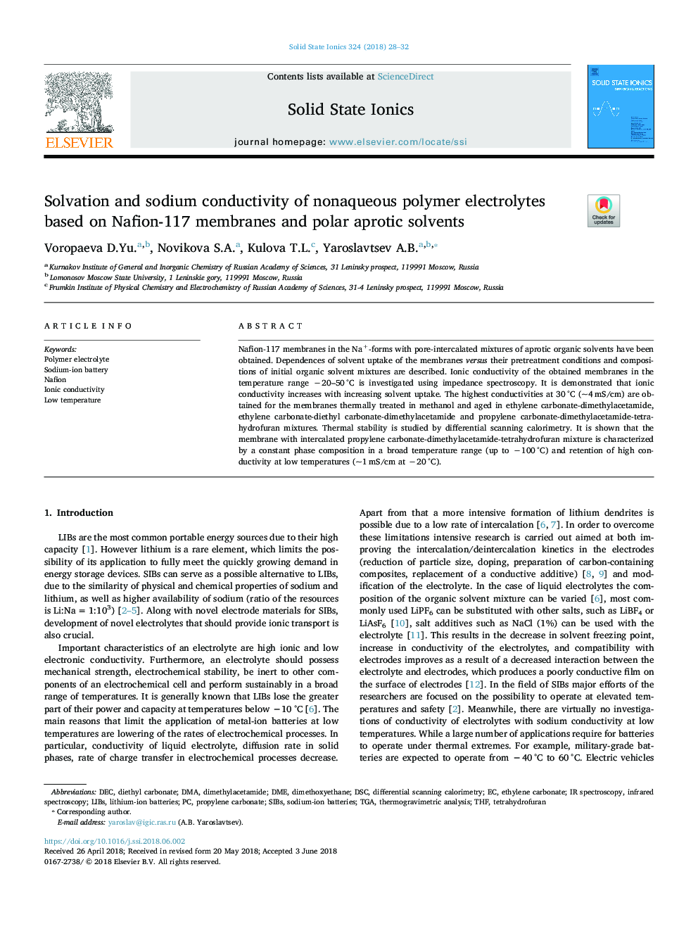 Solvation and sodium conductivity of nonaqueous polymer electrolytes based on Nafion-117 membranes and polar aprotic solvents