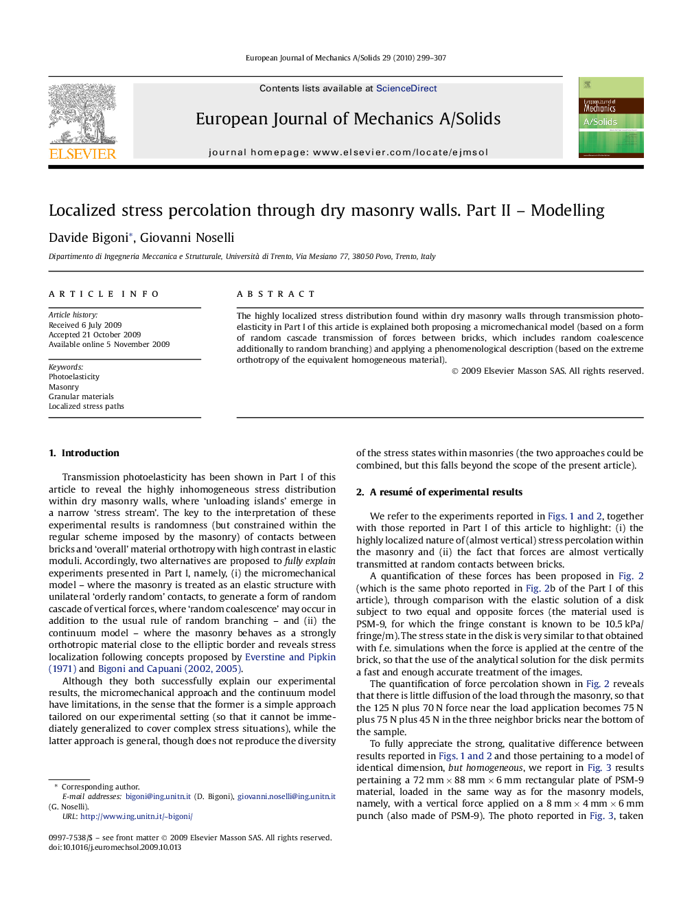 Localized stress percolation through dry masonry walls. Part II – Modelling