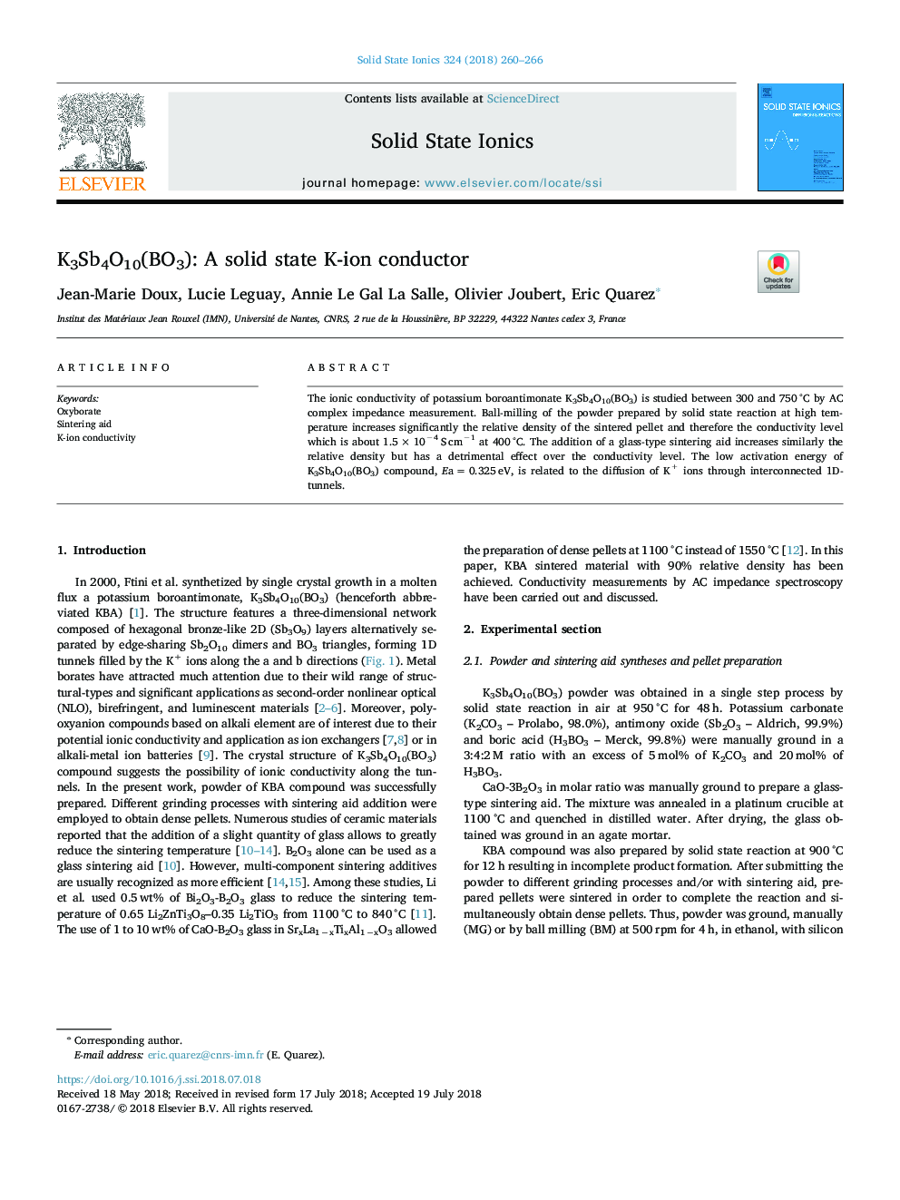 K3Sb4O10(BO3): A solid state K-ion conductor