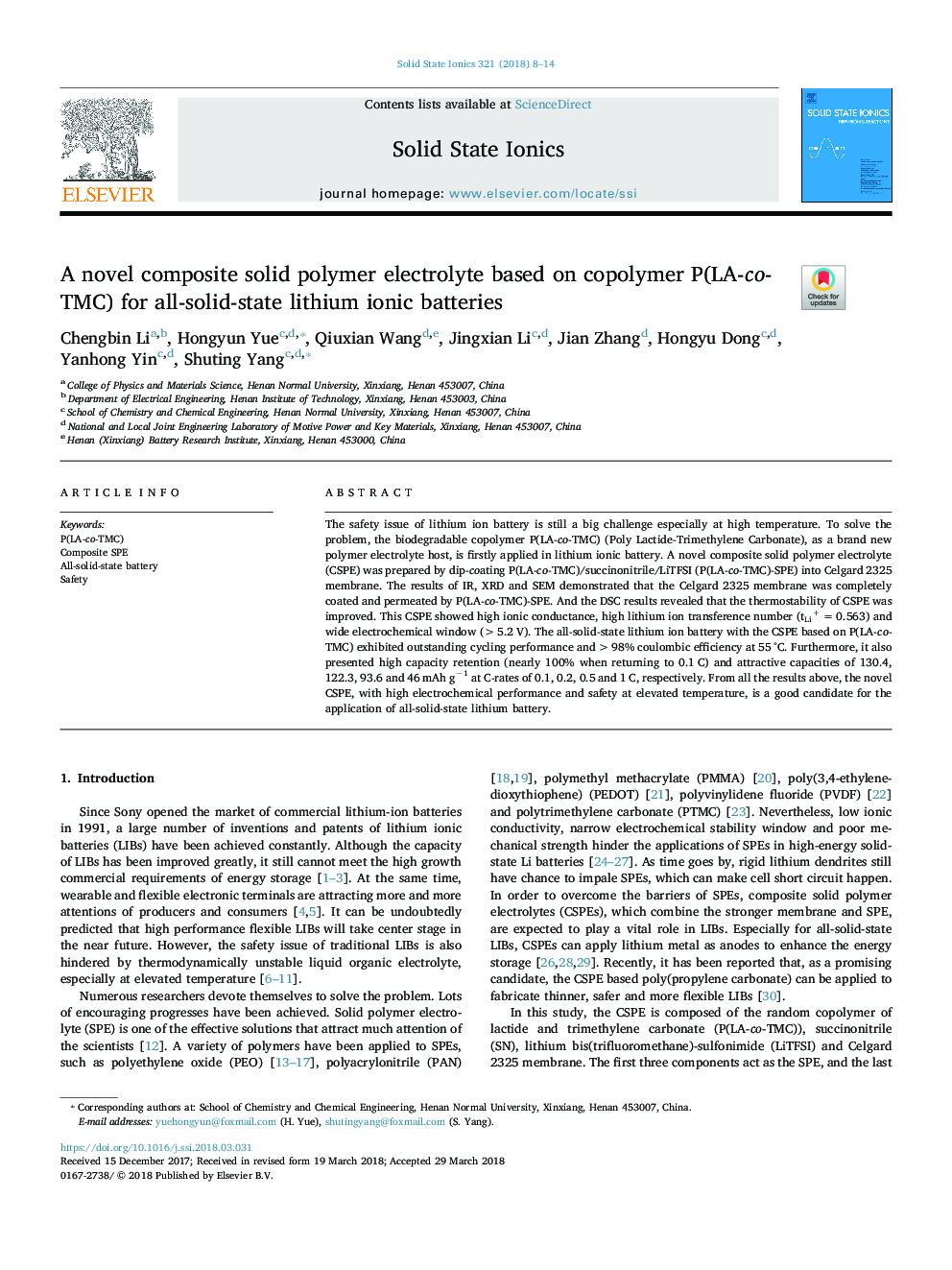 A novel composite solid polymer electrolyte based on copolymer P(LA-co-TMC) for all-solid-state lithium ionic batteries